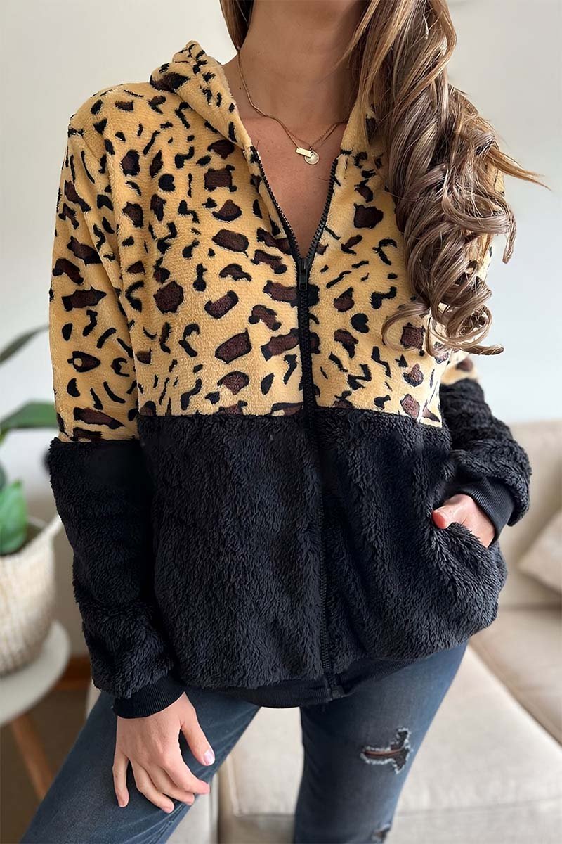 Women's Leopard Patchwork Plush Zip Jacket