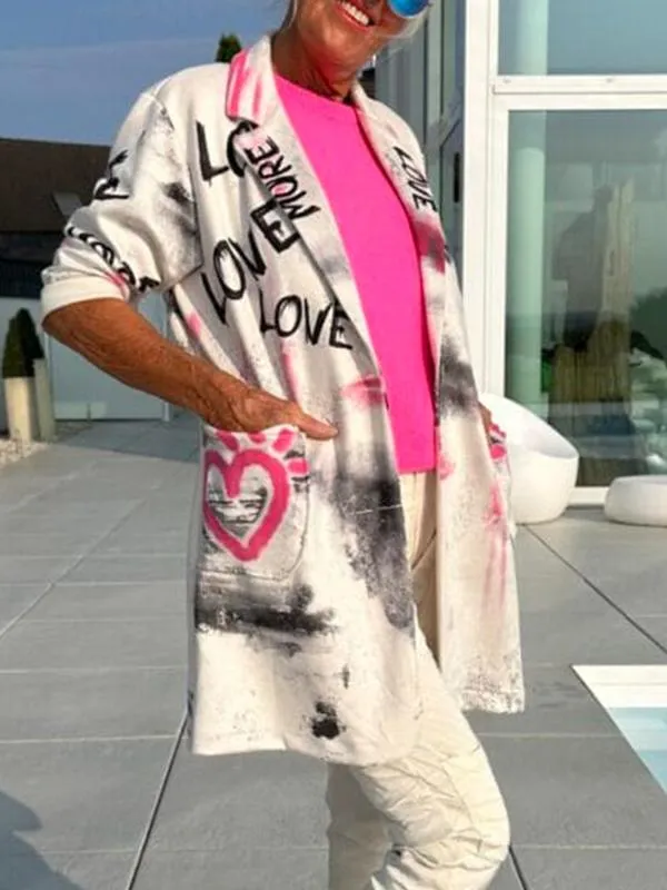 Women's Casual Lapel Letter Heart Print Suit Jacket